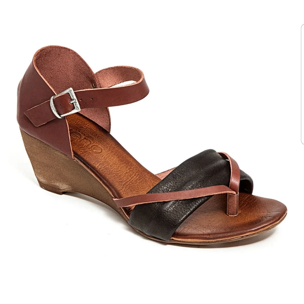 FRENCH BLU Leather Brown & Black Wedge Sandals Made In Turkey